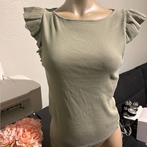 J. Crew Ruffled Sleeve Ribbed Top in Olive Green